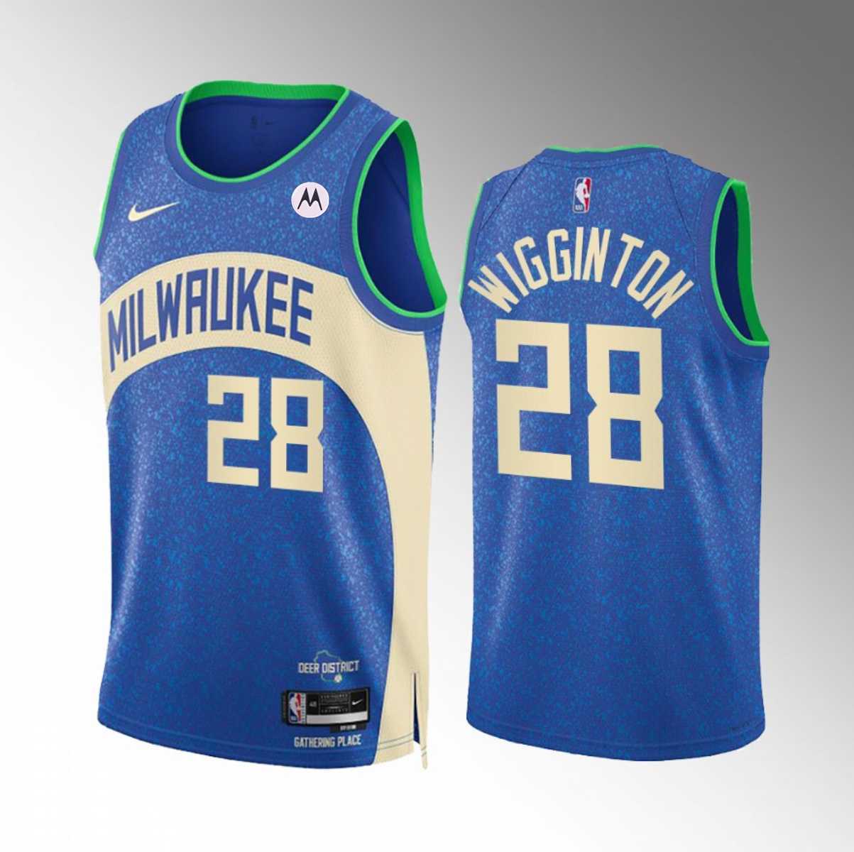 Men's Milwaukee Bucks #28 Lindell Wigginton Blue 2023-24 City Edition Stitched Basketball Jersey Dzhi